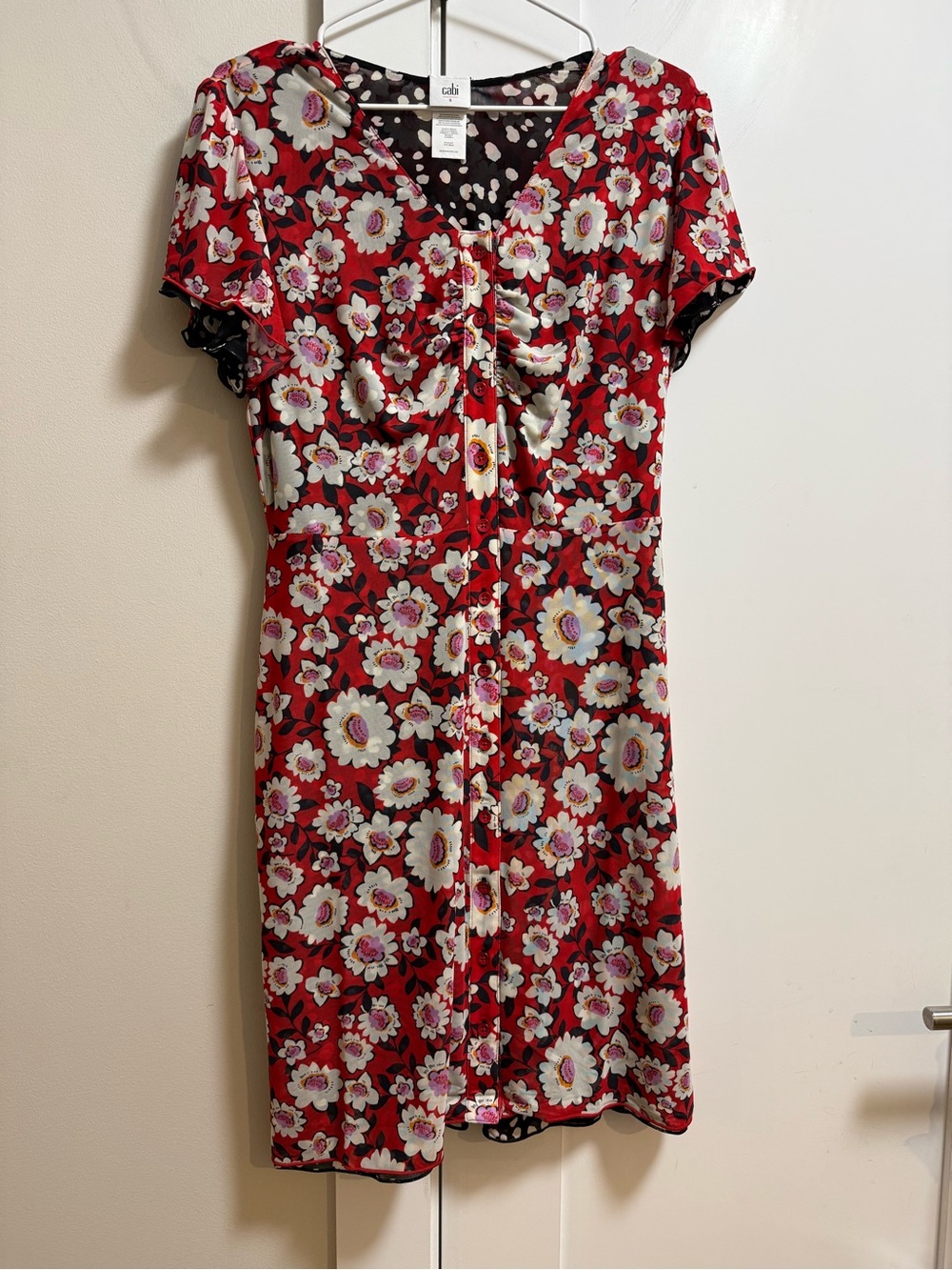 CAbi Dress Gemini Mesh Reversible Red Floral To Black & White Small NEW W  Tags